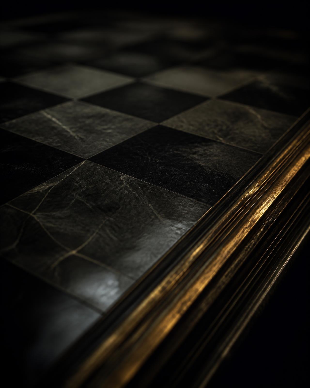 Abstract dark marble chessboard with a single gold edge
